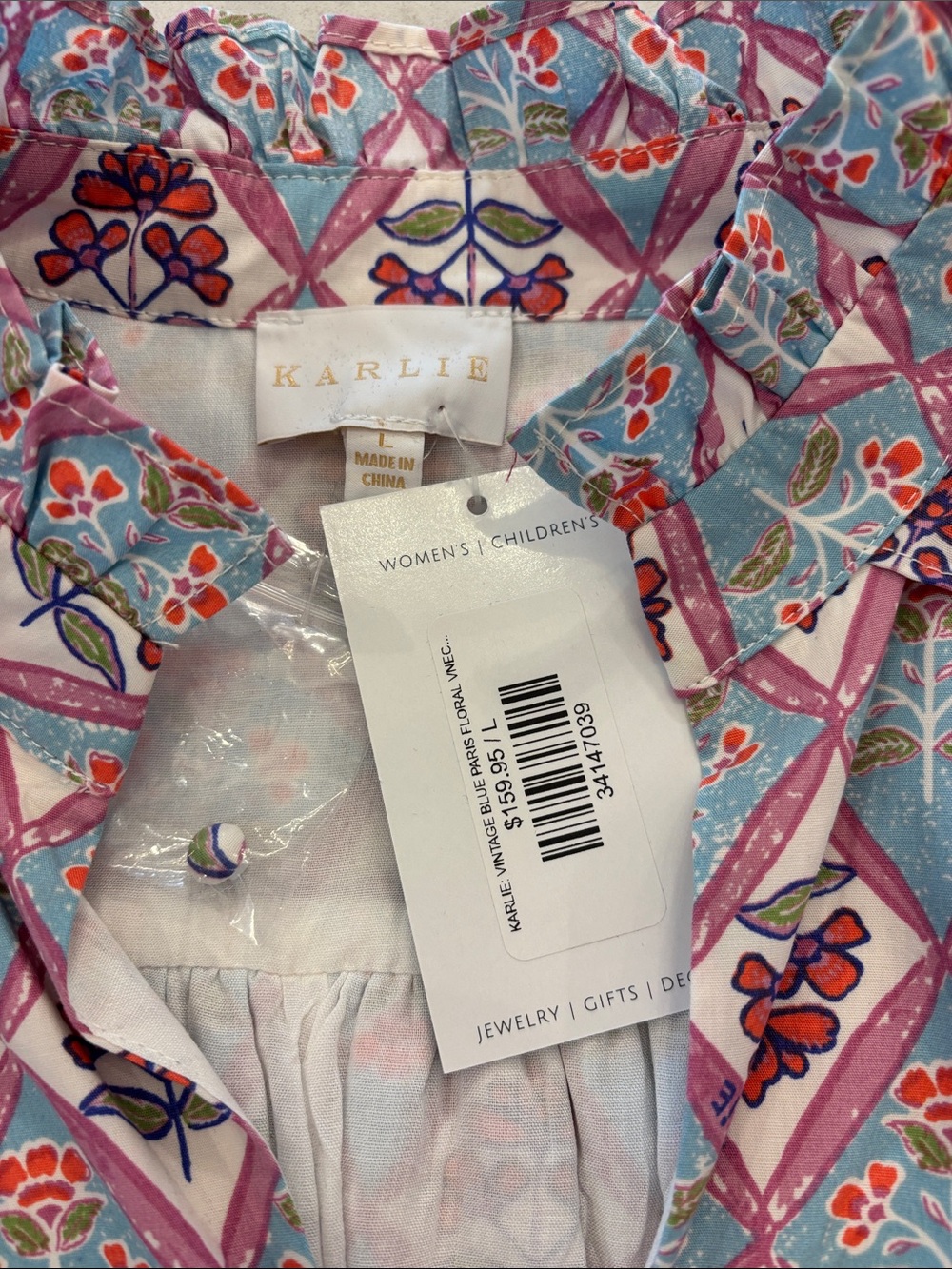Karlie Boutique Vintage Blue Paris Floral Dress Large NWT $160 100% Cotton - Picture 5 of 6